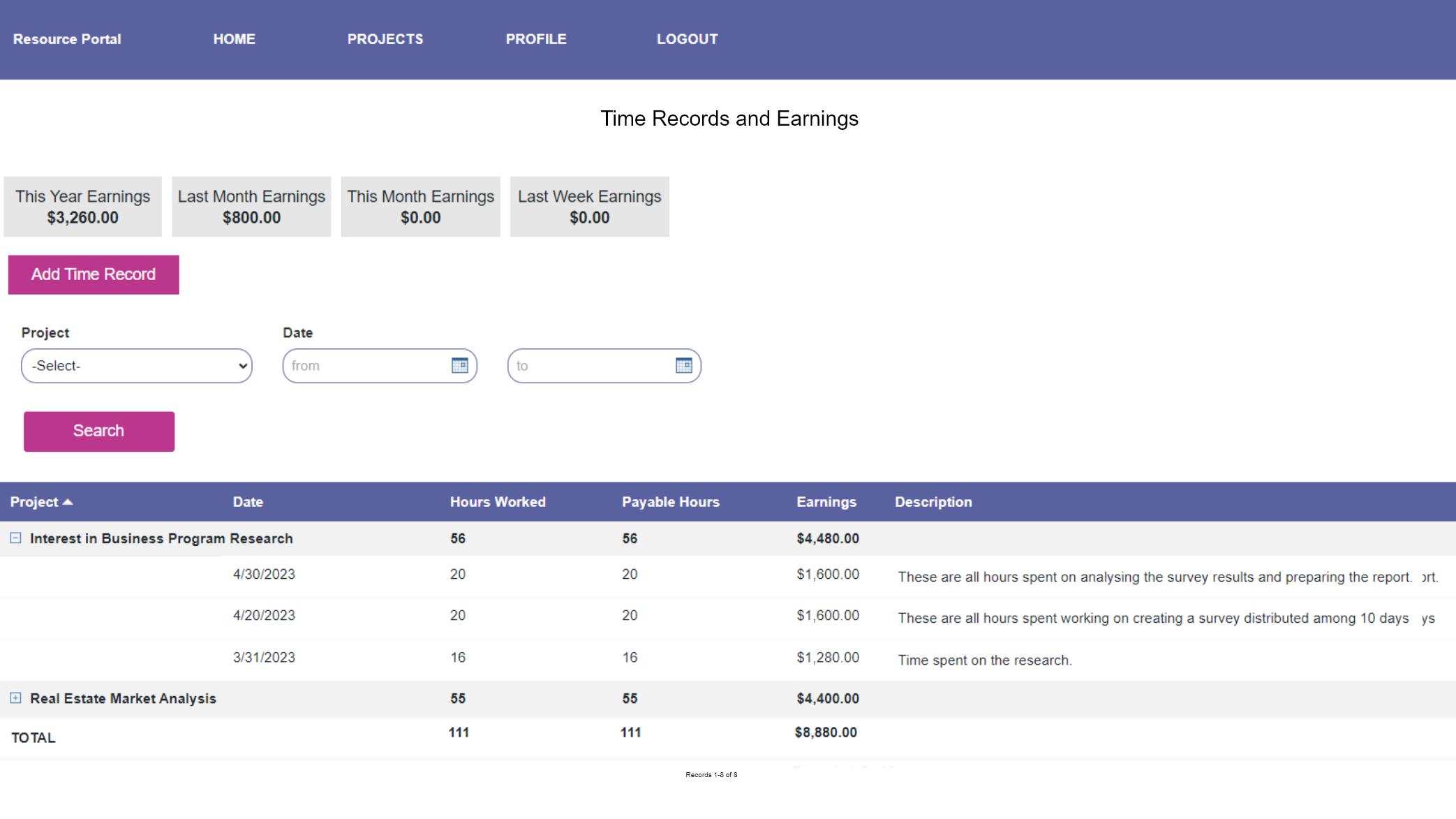 Screenshot of a sample resource portal on Watkyn's Starter Project Management app.