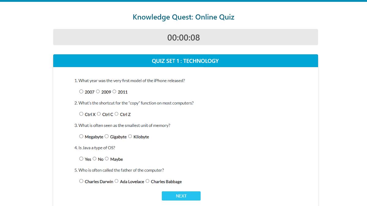 Screenshot of a sample page using Caspio's Session Timer customization.