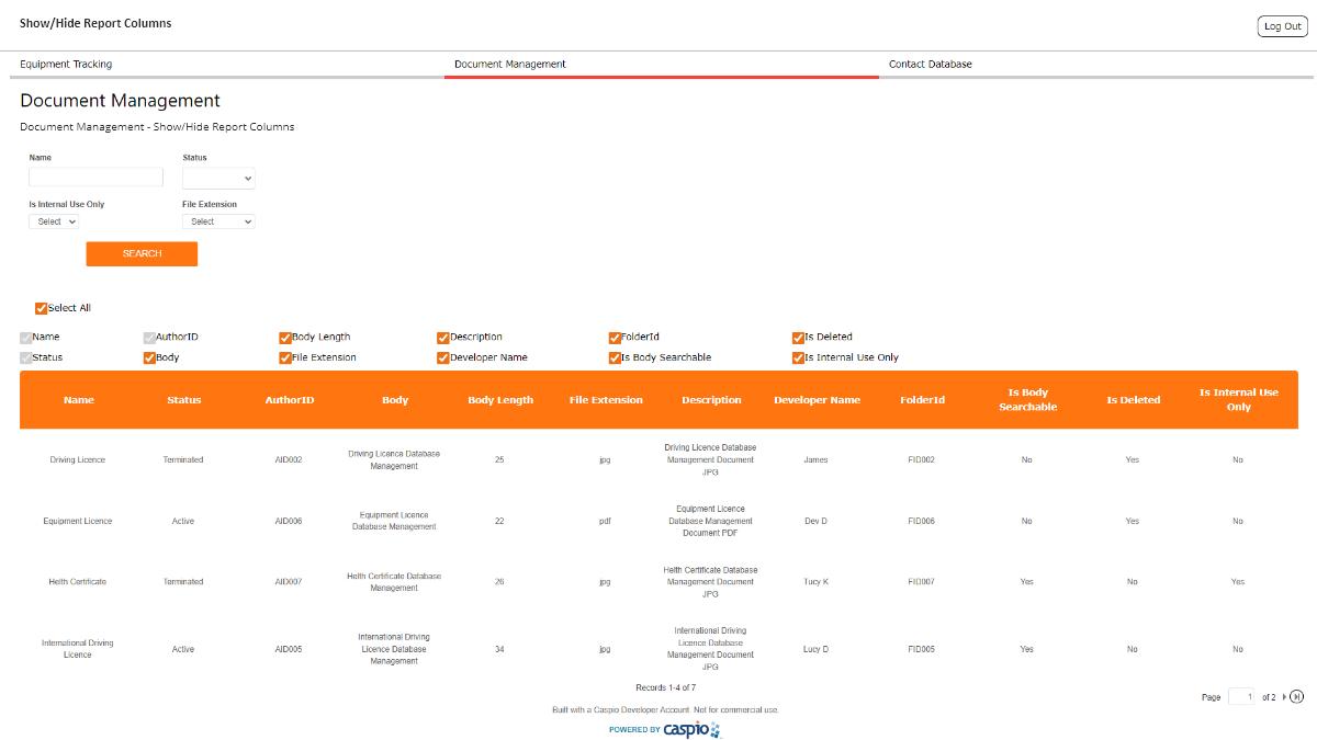 Screenshot of a sample "Document Management" page using Yvthinkers' Show/Hide Report Columns customization.