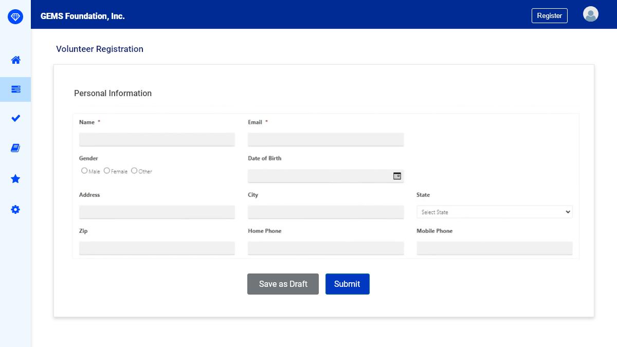 Screenshot of a volunteer management system using Caspio's "Save as Draft" customization.