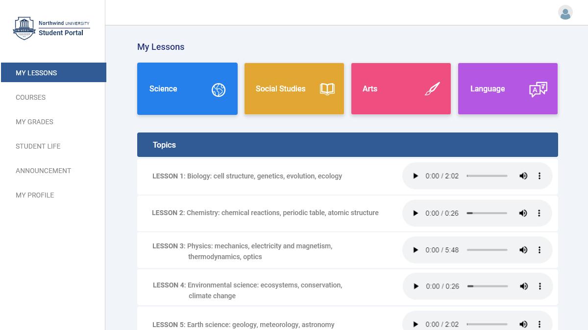 Screenshot of a student portal using Caspio's Audio Player customization.