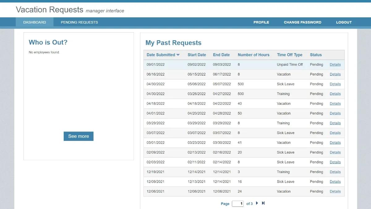 Screenshot of a sample time off requests dashboard on Caspio's Employee Time Off Requests app.